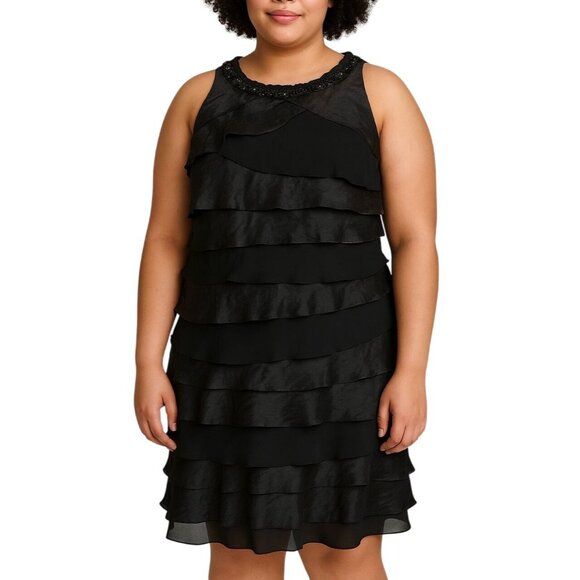S.L. Fashions Black Embellished Neck Tiered Ruffle Side Zip Dress Size 12 - Picture 1 of 9
